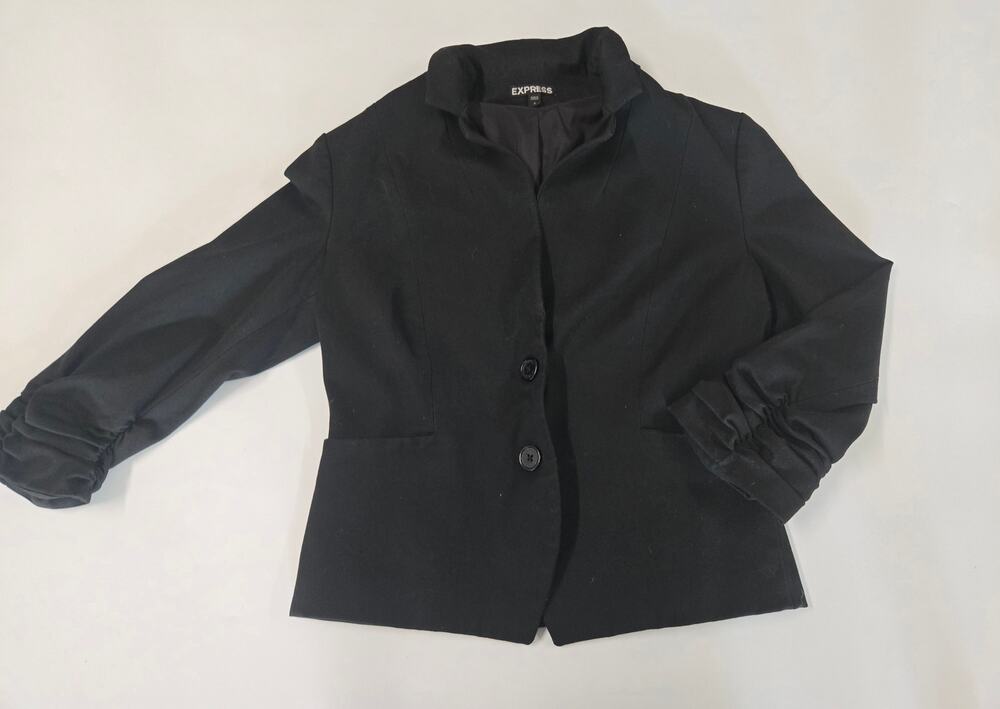 Express Black Ruffle Collar Ruched Sleeve Blazer Women's Size 6